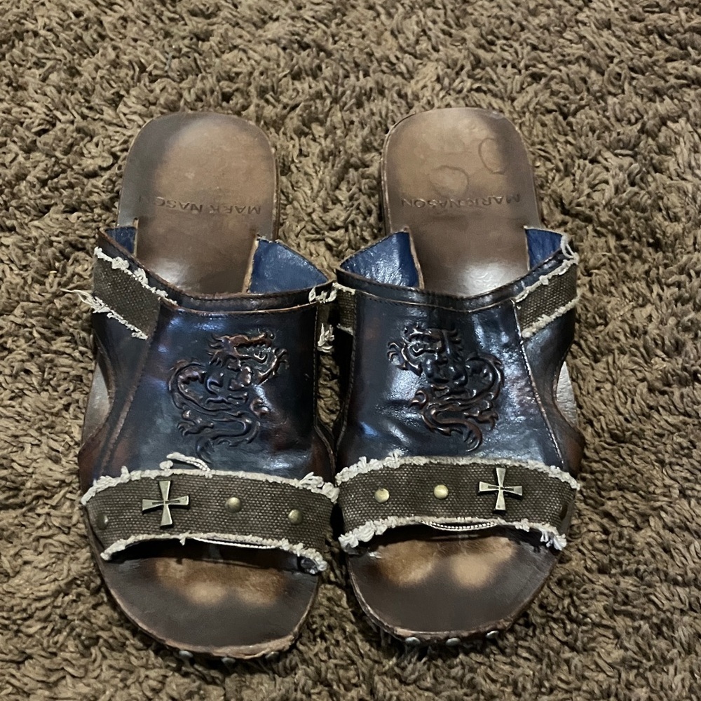 Mark Nason Dark Brown Leather Sandals with Dragon Design